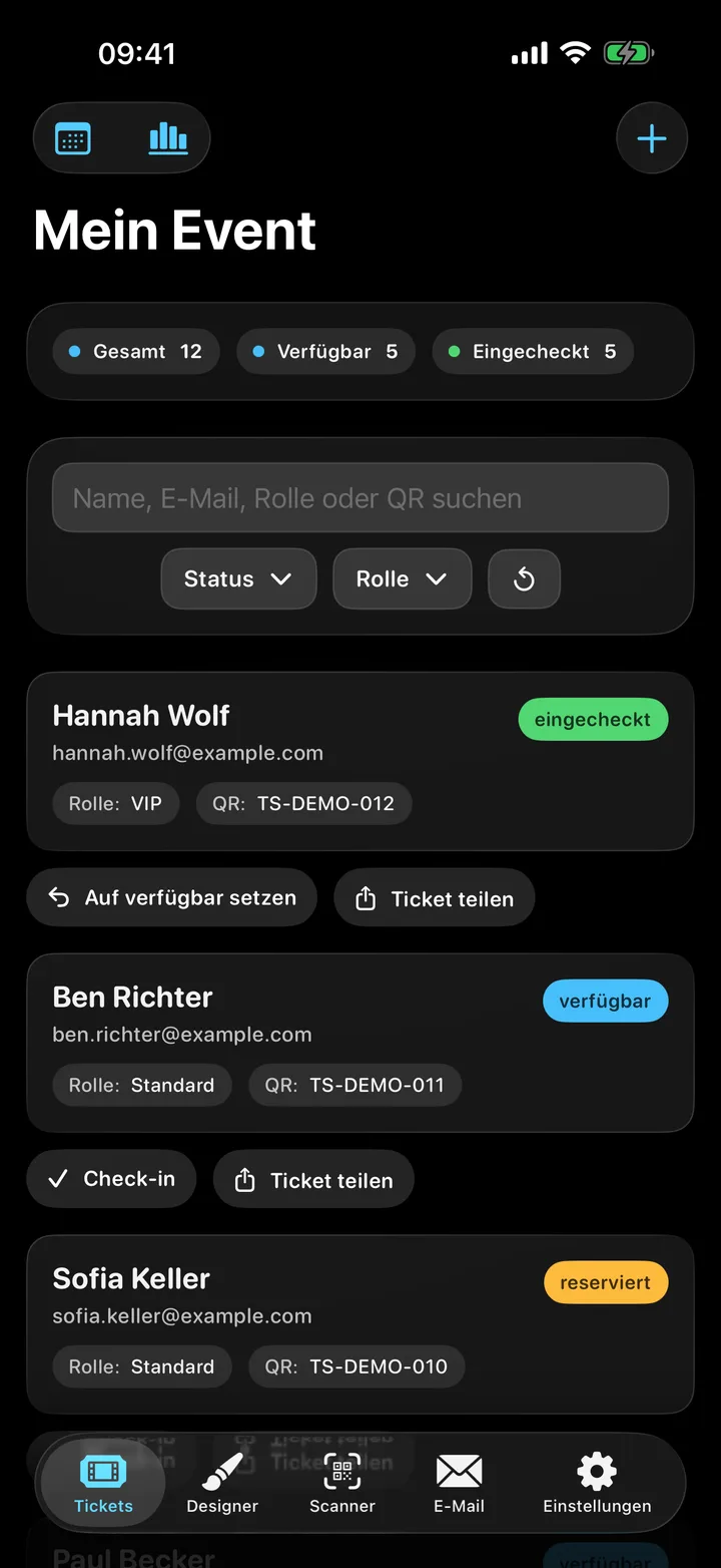 Ticket Studio – Die Gästeliste mit Status und Rolle