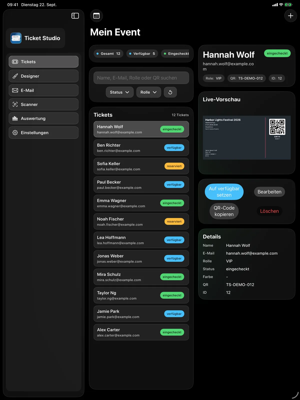 Ticket Studio auf dem iPad: Gästeliste mit Ticketvorschau