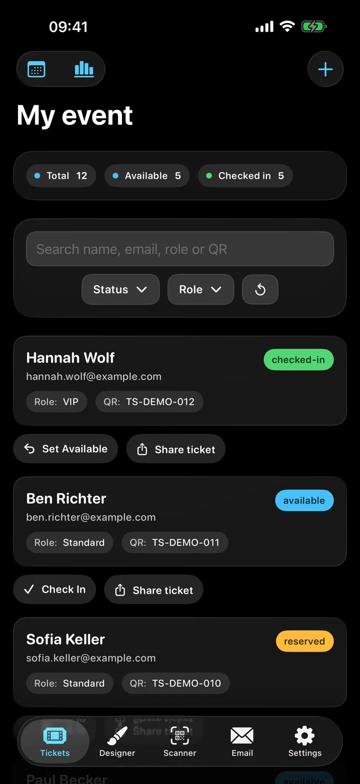 Ticket Studio – The guest list with status and role