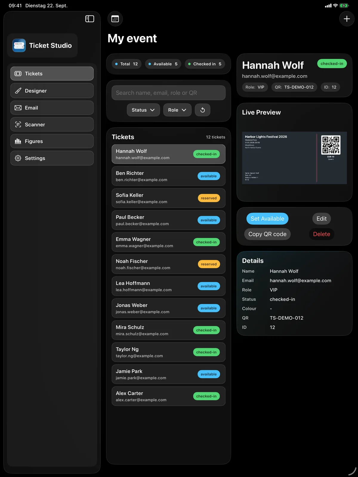 Ticket Studio on the iPad: guest list with ticket preview